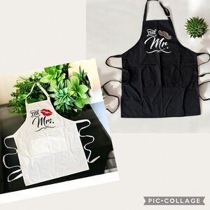 THE MR & THE MRS APRON COUPLE WEDDING ANNIVERSARY SET MUSTACHE RED LIPS